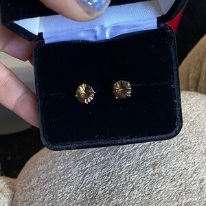 L-10: Solid 10k YG Round Starburst Cut Smoky Quartz Stud Earrings 1.5 ea. 3ct tw